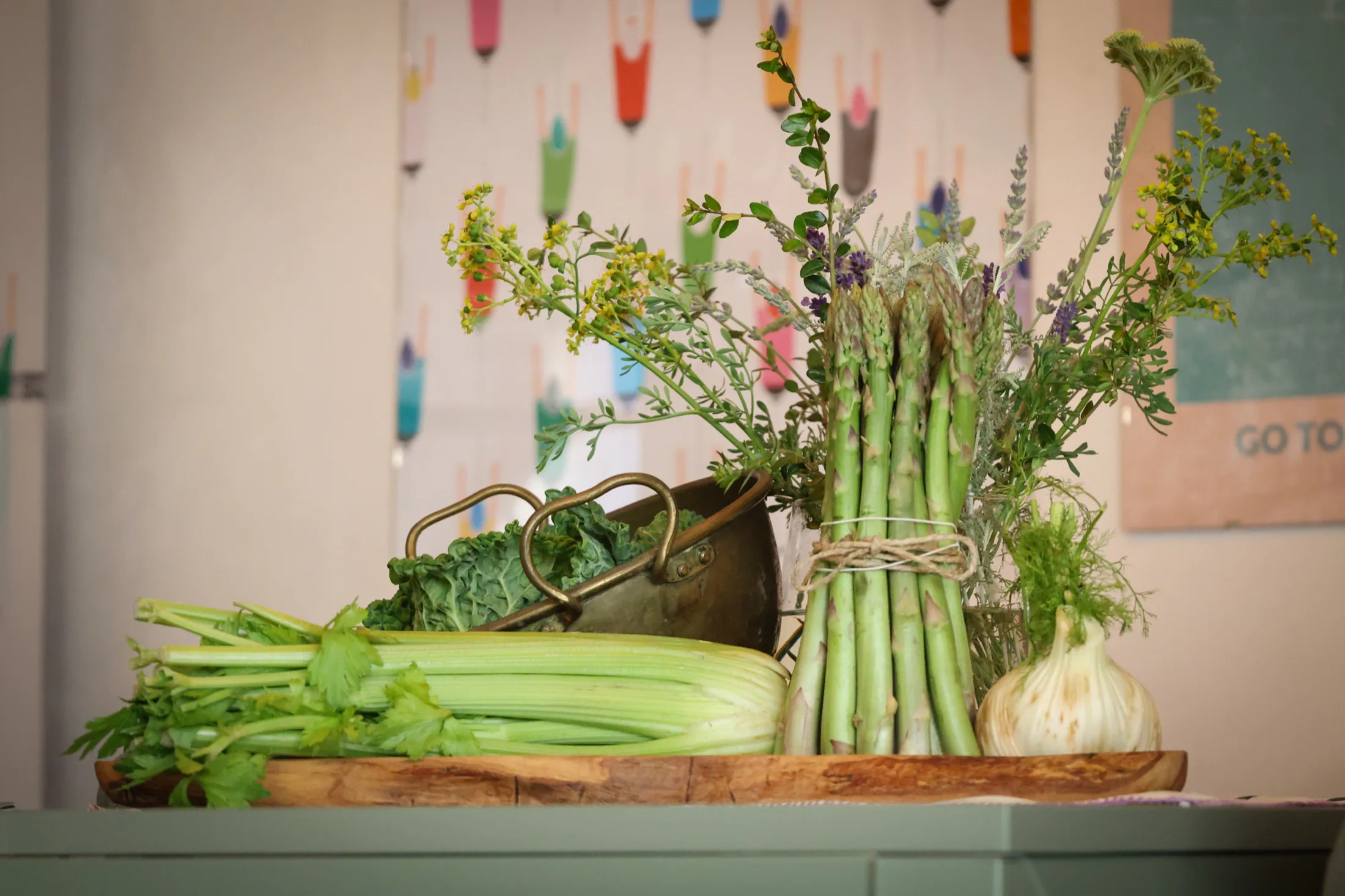 Dining table with produce and flowers